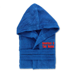 Accappatoio personalizzato ricamato uomo donna 100% cotone - accappatoio con Cappuccio in morbida spugna 100% cotone.