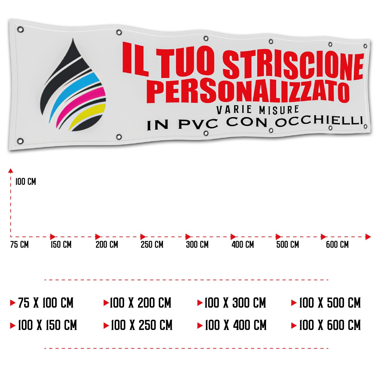 Banner striscione personalizzato in pvc occhiellato ( 100x75 )- banner personalizzabile con testo - foto - loghi - 100% Made in Italy