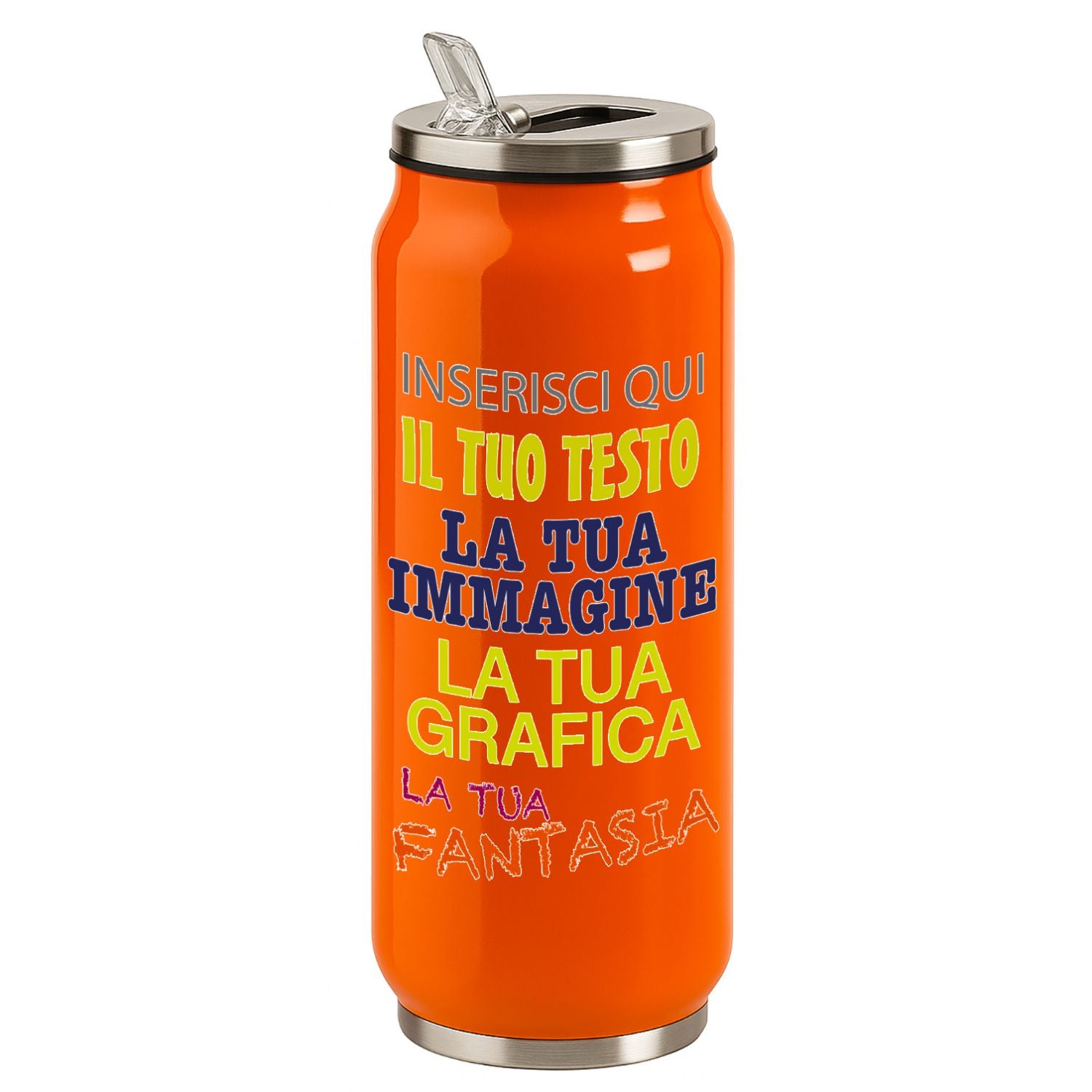 Borraccia Termica Personalizzabile 500ml in Acciaio Inox Lucido Stampa Digitale UV Nome, Logo o Immagine Mantiene 6H Caldo e 12H Freddo Design Tipo Lattina, Riutilizzabile ed Eco-Friendly