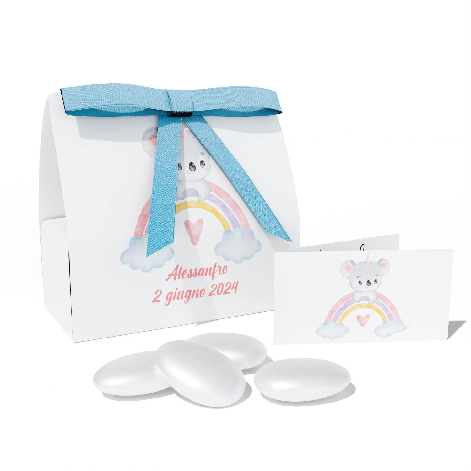 Scatolina portaconfetti Personalizzata Battesimo 24 pezzi - 24 scatoline personalizzate + 24 bigliettini bomboniera personalizzati - nastrino in raso incluso per ogni confezione.