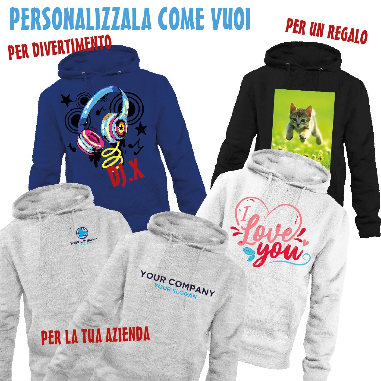 Felpa con cappuccio personalizzata - felpa personalizzabile con cappuccio uomo donna cotone tinta unita - con testo - foto e grafiche personalizzate