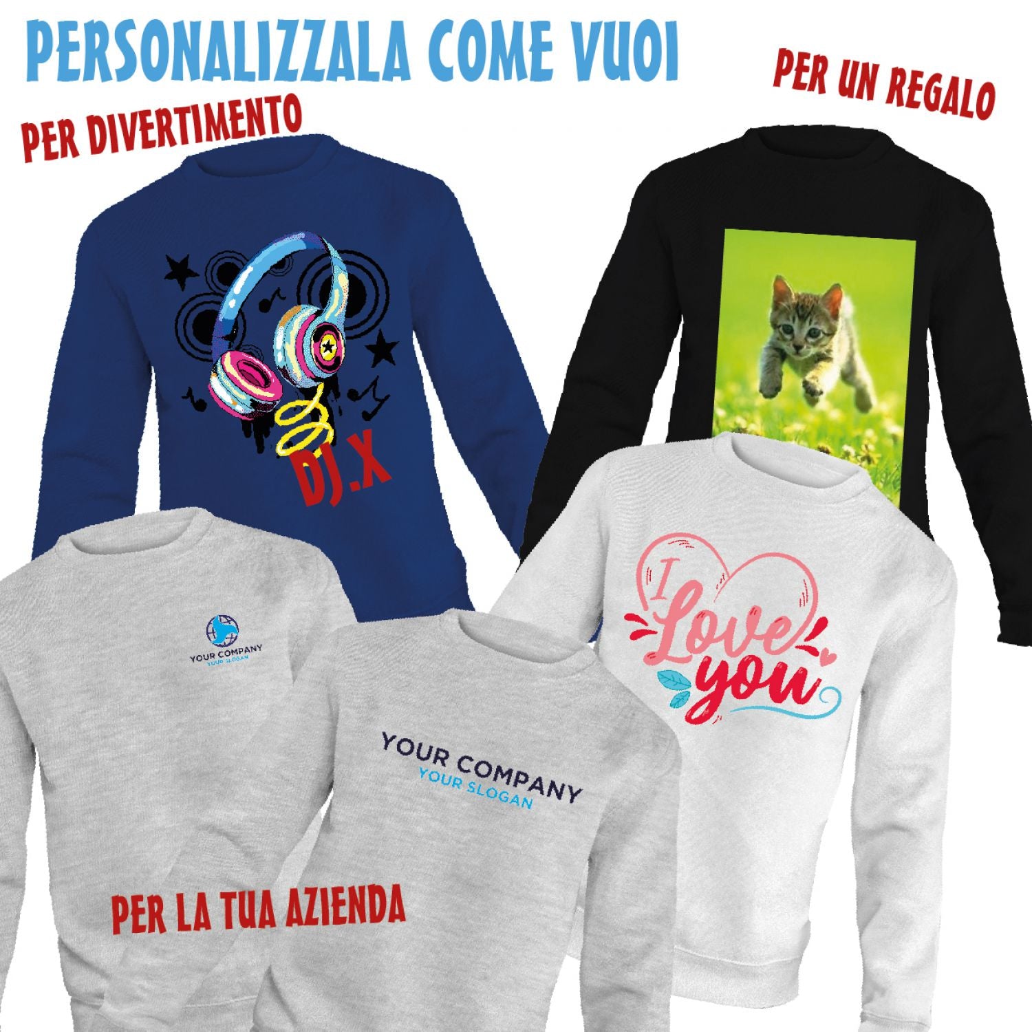 Felpa personalizzata - felpa personalizzabile girocollo uomo donna cotone tinta unita - con testo - foto e grafiche personalizzate