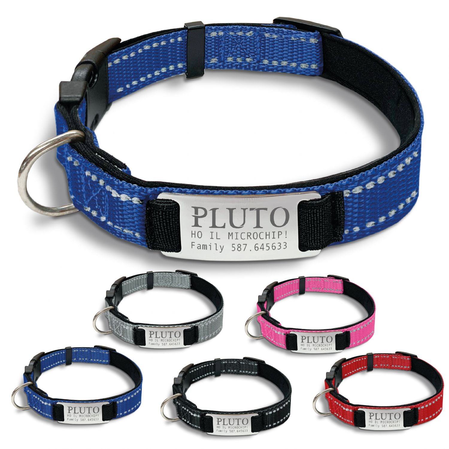 Collare cane personalizzato - collare cane personalizzabile con targhetta in metallo - linee Catarifrangenti - clip in abs - gancio per guinzaglio