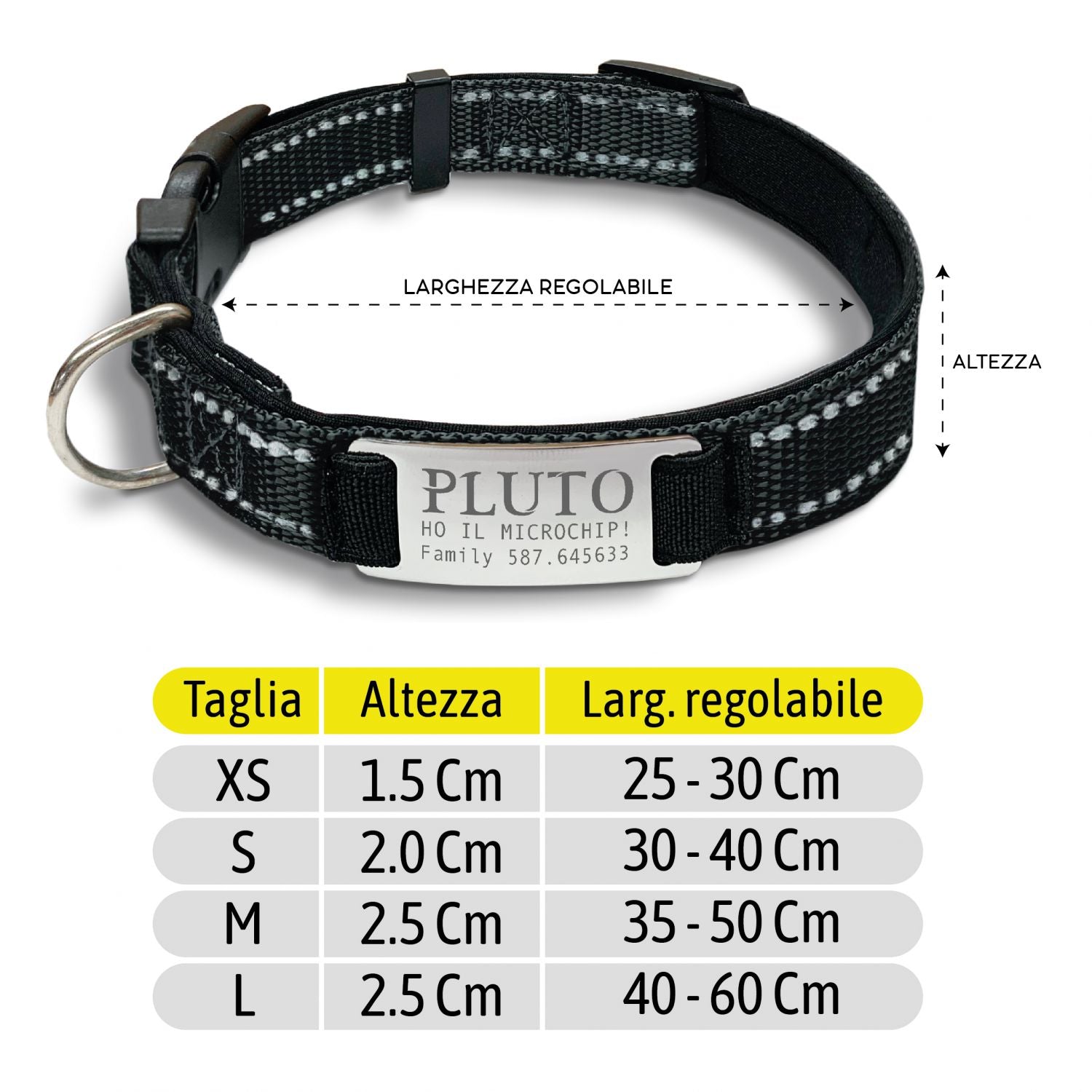 Collare cane personalizzato - collare cane personalizzabile con targhetta in metallo - linee Catarifrangenti - clip in abs - gancio per guinzaglio