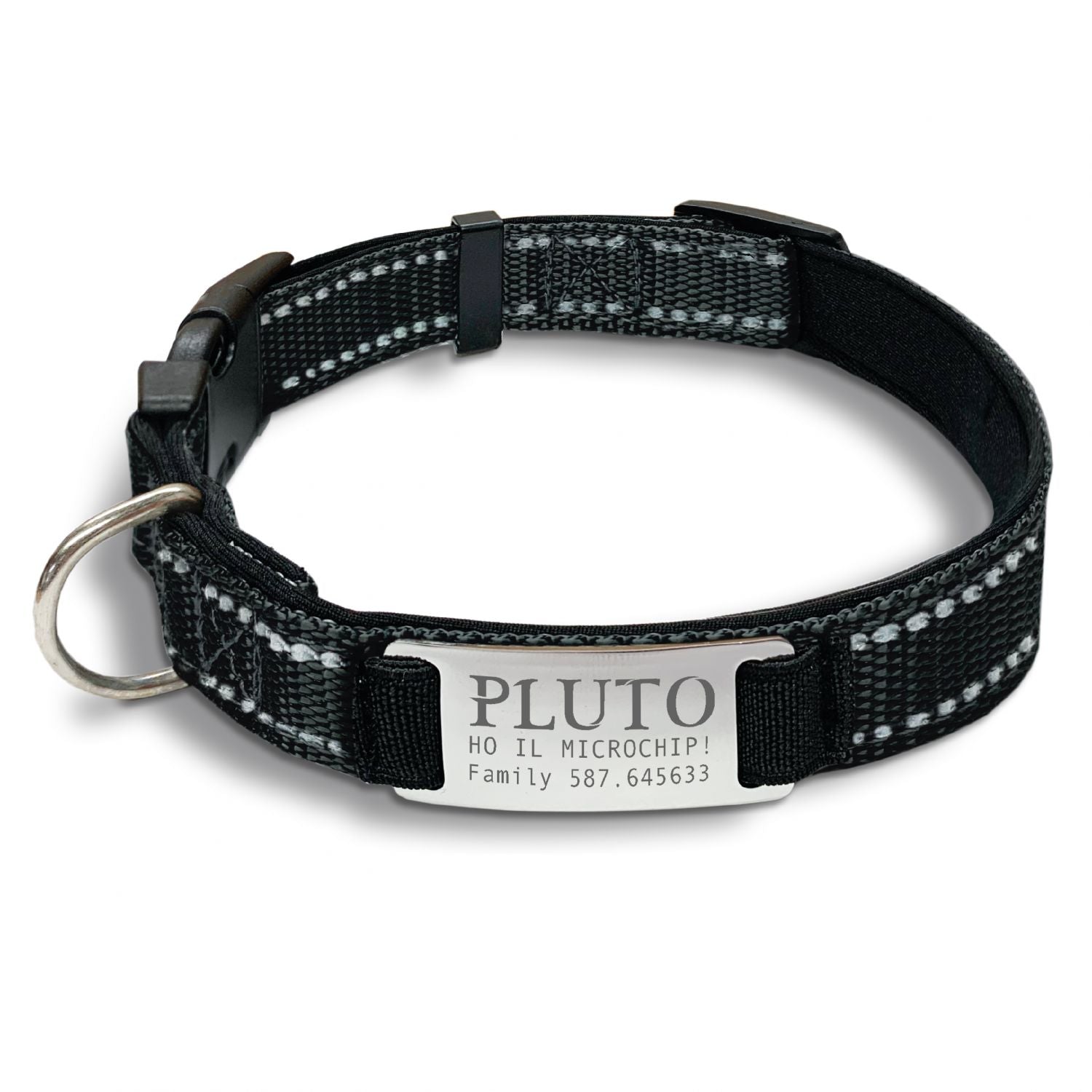 Collare cane personalizzato - collare cane personalizzabile con targhetta in metallo - linee Catarifrangenti - clip in abs - gancio per guinzaglio