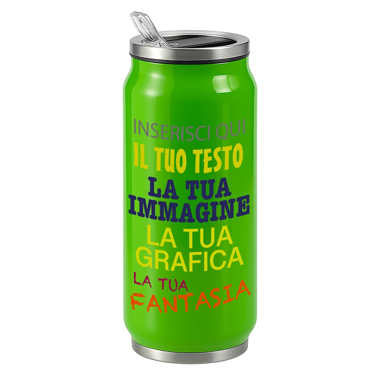 Borraccia Termica Personalizzabile 500ml in Acciaio Inox Lucido  Stampa Digitale UV Nome, Logo o Immagine  Mantiene 6H Caldo e 12H Freddo  Design Tipo Lattina, Riutilizzabile ed Eco-Friendly