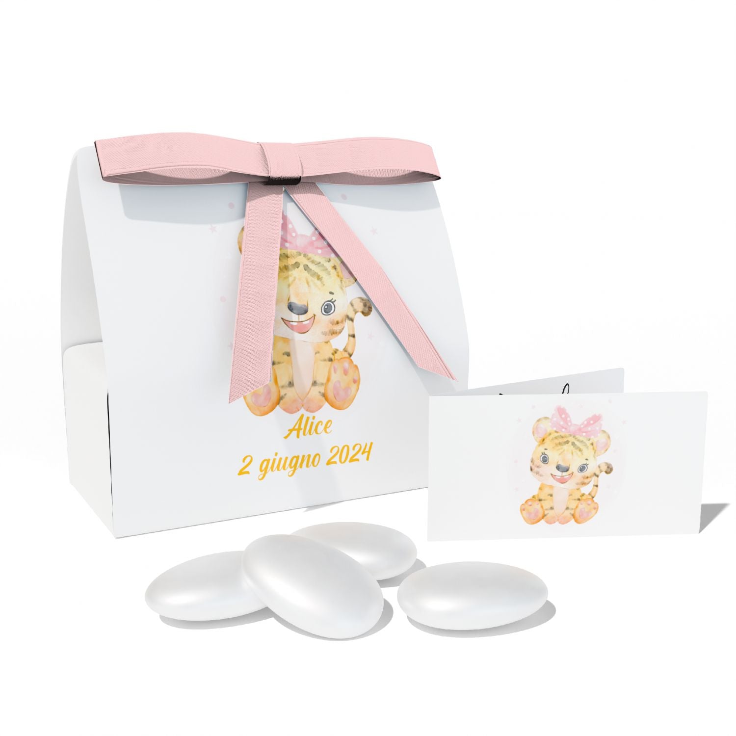Scatolina portaconfetti Personalizzata Battesimo 24 pezzi - 24 scatoline personalizzate + 24 bigliettini bomboniera personalizzati - nastrino in raso incluso per ogni confezione.