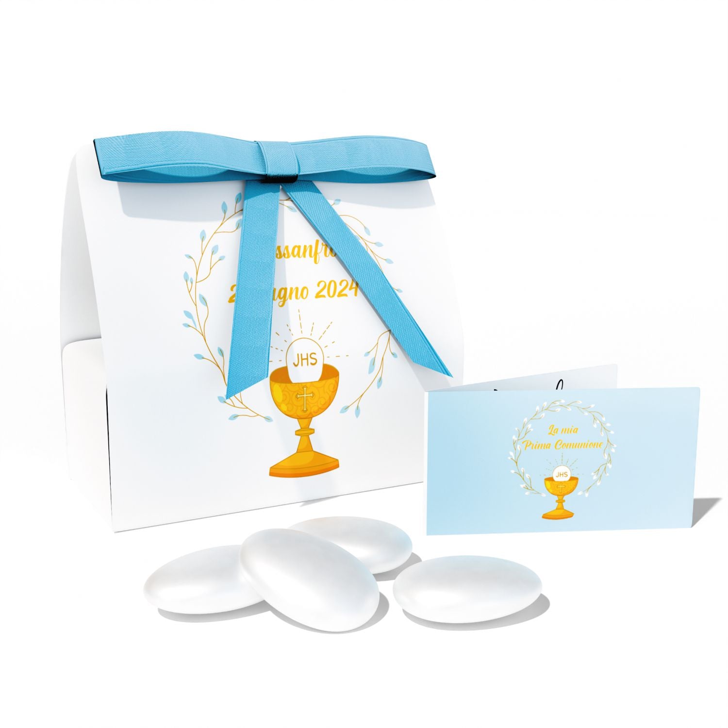 Scatolina portaconfetti Personalizzata Prima Comunione 24 pz - 24 scatoline personalizzate + 24 bigliettini bomboniera personalizzati - nastrino in raso incluso per ogni confezione