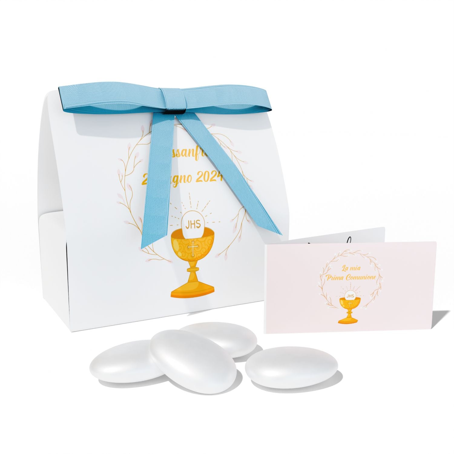 Scatolina portaconfetti Personalizzata Prima Comunione 24 pz - 24 scatoline personalizzate + 24 bigliettini bomboniera personalizzati - nastrino in raso incluso per ogni confezione