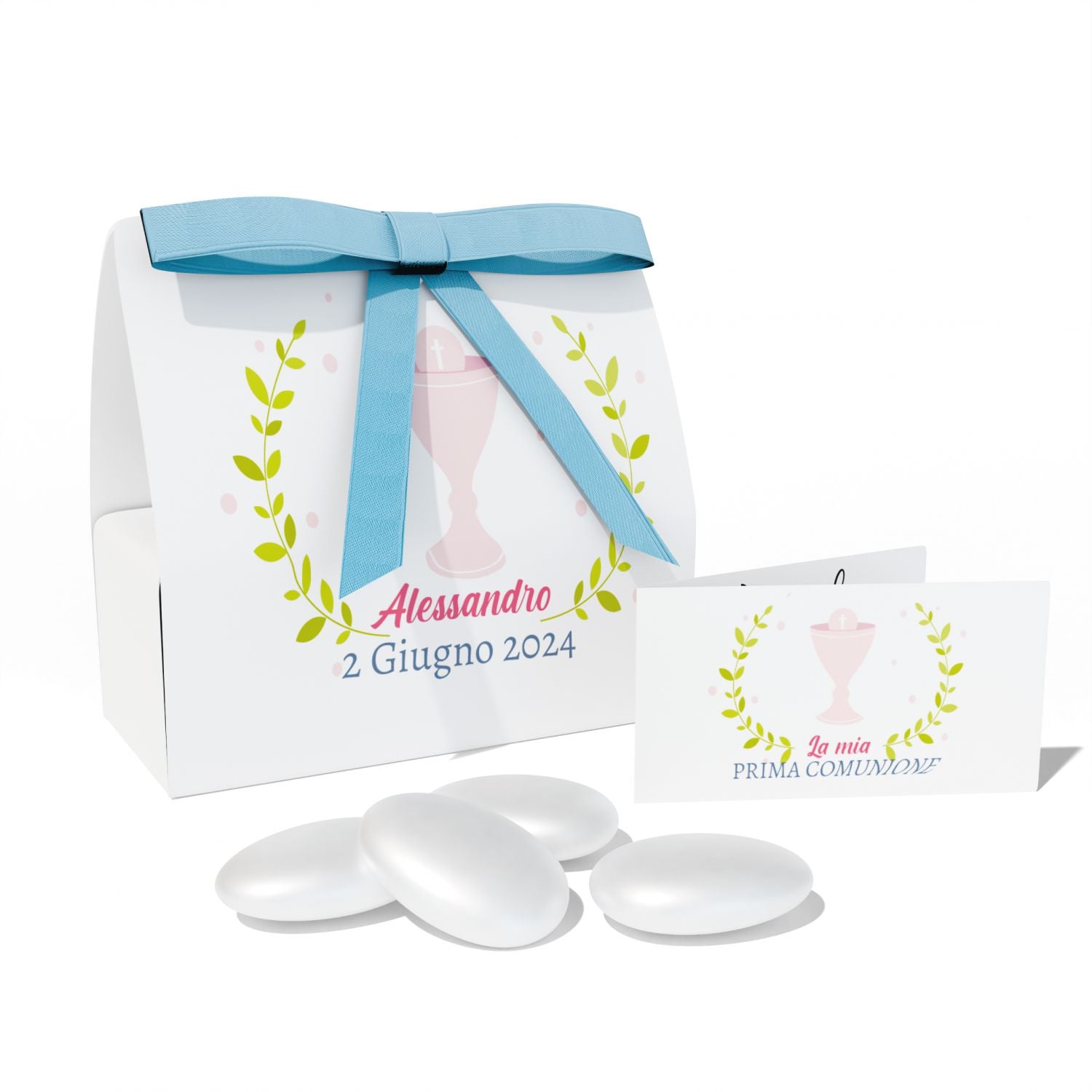 Scatolina portaconfetti Personalizzata Prima Comunione 24 pz - 24 scatoline personalizzate + 24 bigliettini bomboniera personalizzati - nastrino in raso incluso per ogni confezione