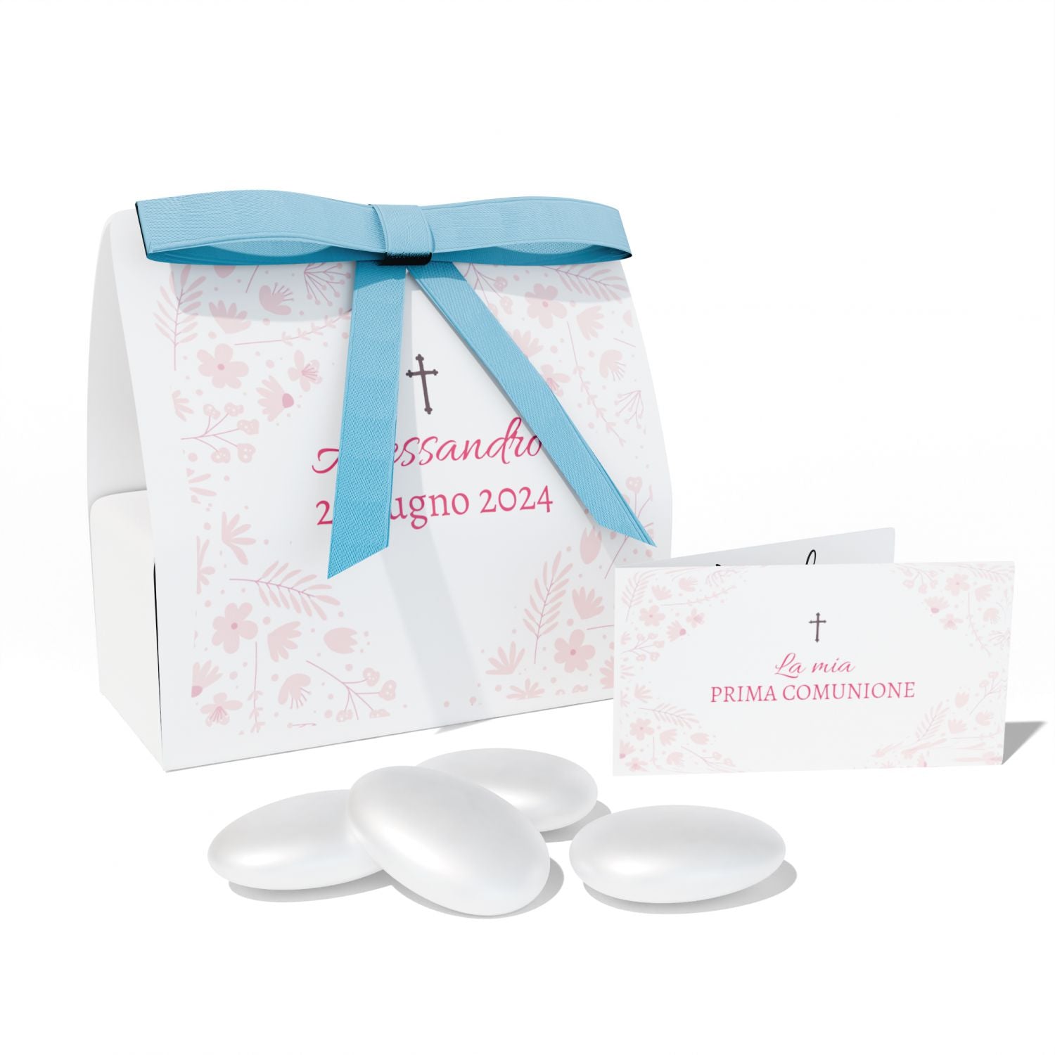 Scatolina portaconfetti Personalizzata Prima Comunione 24 pz - 24 scatoline personalizzate + 24 bigliettini bomboniera personalizzati - nastrino in raso incluso per ogni confezione